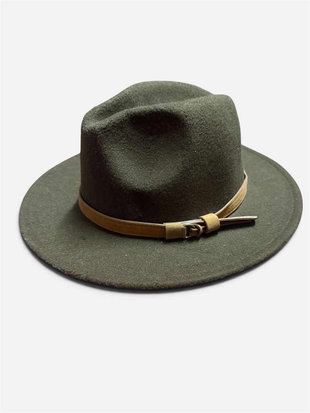 Women’s Olive Green Wide Brim Fedora Hat Brown Buckle Band Boho Western Style